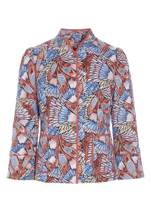 Kurtka z kwiatowym wzorem piór w kolorach niebieskim, różowym i rdzawej, z kołnierzem mandarynkowym, zatrzaskami i dwoma przednimi kieszeniami.