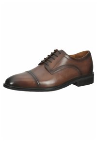 Braune Lederhalbschuhe mit runder Zehenform, Schnürdesign, glatter Oberfläche, subtilen Nahtdetails und Gummisohle.