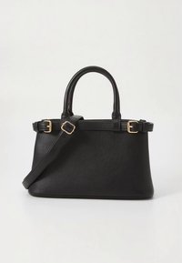 Sac à main en cuir noir à la forme structurée. Comprend deux poignées supérieures, une bandoulière amovible, des ferrures dorées et des accents minimalistes.