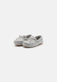 Gray woven slippers with a smooth texture, round toe, and a lace detail at the front. Rubber sole for grip and durability.
