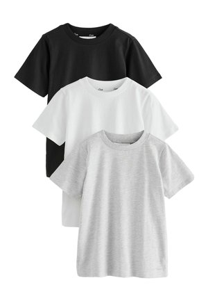 Drei schlichte T-Shirts mit kurzen Ärmeln und Rundhalsausschnitt, gestapelt in Schwarz, Weiß und Hellgrau, auf weißem Hintergrund dargestellt.