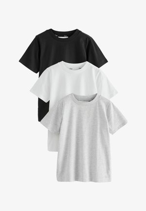 Tres camisetas lisas de manga corta y cuello redondo apiladas, en negro, blanco y gris claro, mostradas sobre un fondo blanco.