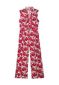 Röd blommig jumpsuit med krage, ärmlös design och knäppning. Har en vit bakgrund med detaljerade röda och svarta blommönster.