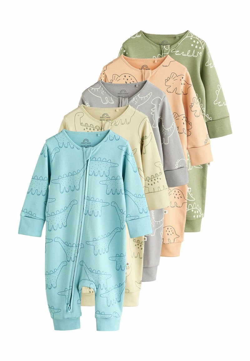 Collection de six combinaisons pour bébés en coton doux. Les couleurs incluent le bleu, le vert, le pêche, le gris, le beige et l'olive, avec des imprimés de dinosaures et des boutons-pression.
