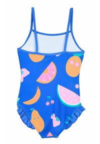 Blaue Einteiler-Badeanzug mit Obstmustern. Hat dünne Träger, ein Netzpanel und Rüschenakzente an den Beinausschnitten.