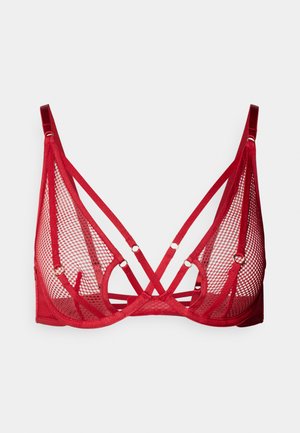 Raudona tinklinė liemenėlė, pasižyminti geometriniu pjūviu, plonomis petnešėlėmis ir auksiniais akcentais, suteikiančiais papildomą detalumą. Tekstūruotas audinys papildo dizainą.