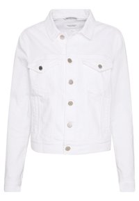 Vit denimjacka med långa ärmar, knappstängning, två bröstfickor och silverdetaljer. Slät textur med en strukturerad design.