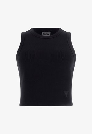 Must räbiv särk lühikestel varrukatel, ümmarguse kaelusega, millel on allnurgas peen brändi logo. Sile tekstuur, varrukateta disain.