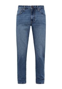Blue denim jeans with button and zipper closure, front pockets, and straight leg design on a white background.