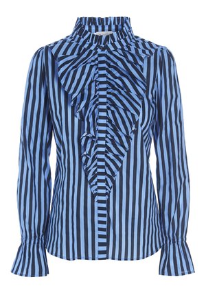 Niebieska i czarna bluzka w pionowe paski z długimi rękawami, z falbaniastą plisą z przodu, wysokim kołnierzem i rozkloszowanymi mankietami.