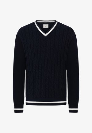 Maglione blu navy con scollo a V, texture a treccia e dettagli a righe bianche sul colletto e sui polsini. Maniche lunghe, orlo a costine.