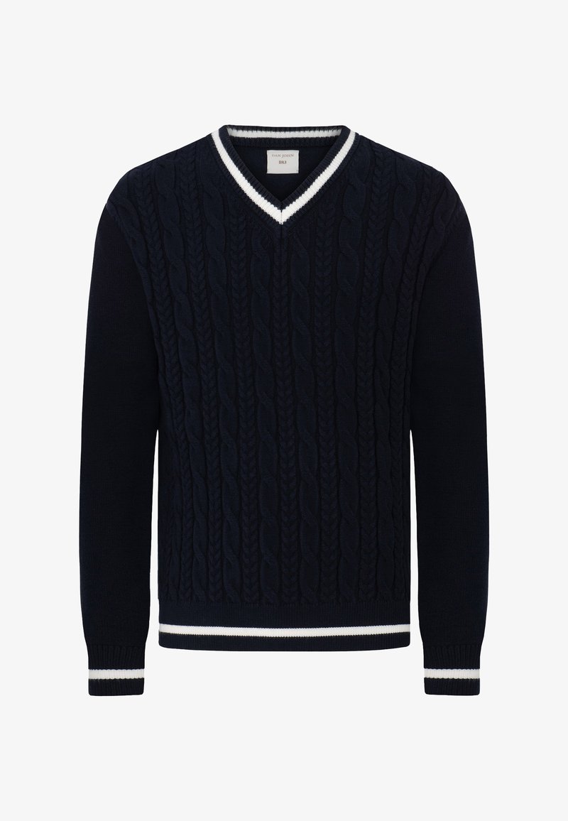 Marineblauer Pullover mit V-Ausschnitt, Struktur aus Zopfmuster und weißen gestreiften Akzenten an Kragen und Manschetten. Lange Ärmel, gerippter Saum.