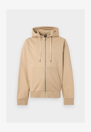 Sweat à capuche beige zippé avec poches avant, capuche à cordon réglable, poignets côtelés et logo "BOSS" brodé sur la poitrine.