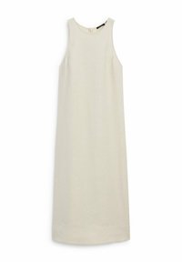 Robe sans manches de couleur crème en tissu léger. Silhouette droite avec un col rond et une fermeture éclair au dos. Design simple sans motifs.