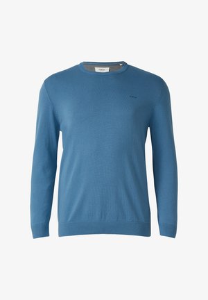 Męski sweter z długim rękawem i okrągłym dekoltem w jednolitym niebieskim kolorze, ze ściągaczami przy mankietach i u dołu, z małym logo na lewej piersi.