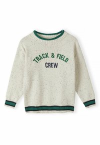 Pulover tricotat de culoare crem, cu accente verzi și bleumarin închis. Featurează textul "TRACK & FIELD" și "CREW", guler, manșete și tiv ondulate.