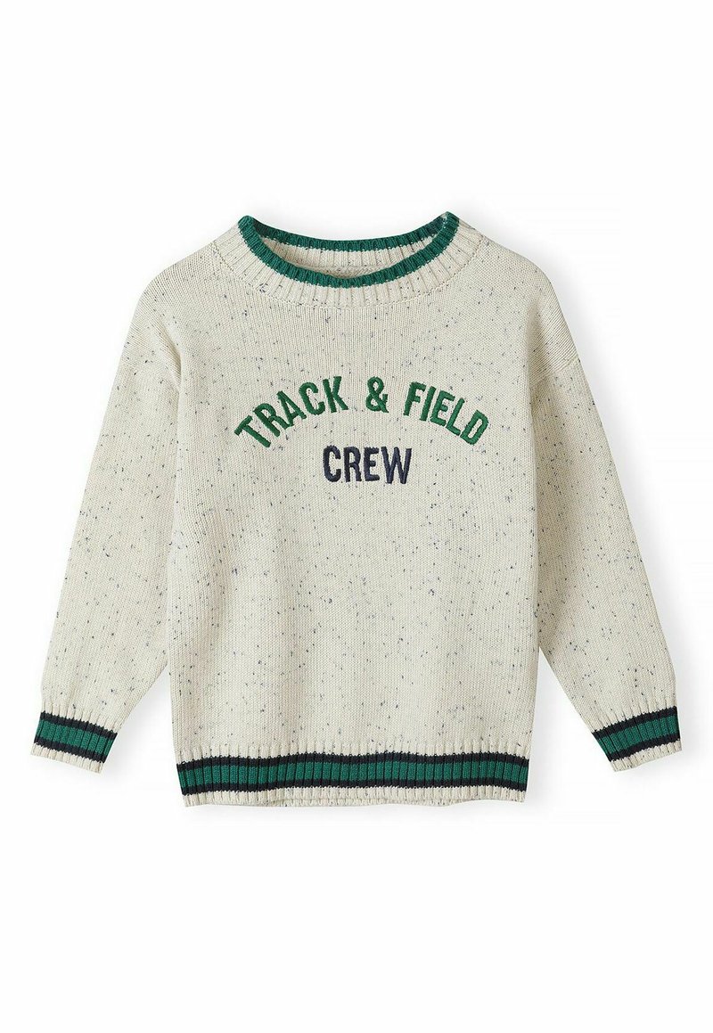 Pulover tricotat de culoare crem, cu accente verzi și bleumarin închis. Featurează textul "TRACK & FIELD" și "CREW", guler, manșete și tiv ondulate.