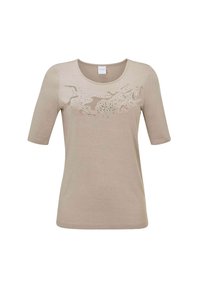 Beige T-Shirt mit kurzen Ärmeln, rundem Ausschnitt und strukturiertem Design mit dekorativen Verzierungen auf der Brust.