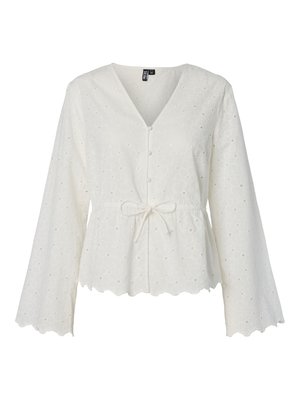 Weiße Bluse mit langen Ärmeln, floralem Lochmuster, V-Ausschnitt, Knopfleiste vorne, gewellten Rändern und einer Kordelzugschleife in der Taille.