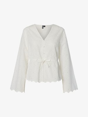 Balta ilgomis rankovėmis palaidinė su gėlių išsiuvinėtu raštu, V formos iškirpte, priekyje su sagomis, su banguotais kraštais ir liemens kaspinu su raišteliais.