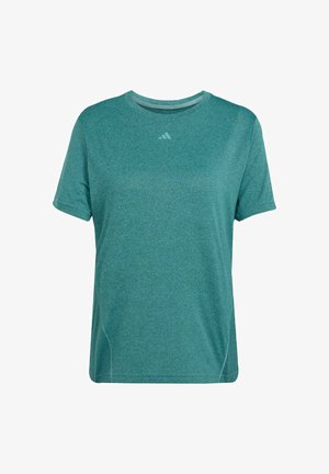 Teal kortærmet t-shirt lavet af et struktureret, fugttransporterende stof. Har en rund halsudskæring og et diskret brandlogo på venstre bryst.