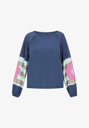 Granatowa bluzka z długim rękawem i rękawami raglanowymi. Posiada różowe kwiatowe i paskowane wzory w miętowym i beżowym kolorze na rękawach. Miękka tkanina, luźny krój.