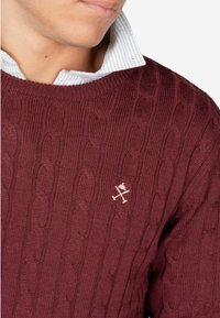 Maglione a maglia cable color bordeaux con collo rotondo e logo ricamato sul lato sinistro del petto. Collo della camicia a righe blu e bianca visibile sotto.