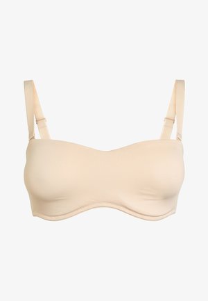 Hellbeige, trägerloser BH aus glattem Material. Mit formenden Cups und verstellbaren Satinstreifen. Keine sichtbaren Beschläge oder Muster.