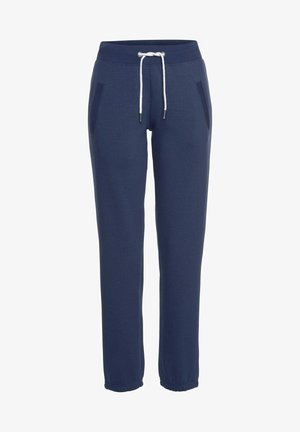 Navy blue sweatpants with an elastic waistband, drawstring closure, two side pockets, and cuffed hem at the ankles. Soft fabric texture.