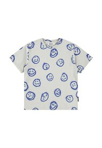 Camiseta de manga corta hecha de tejido ligero, con un fondo gris y diseños de caritas sonrientes azules dispersos en varias expresiones.