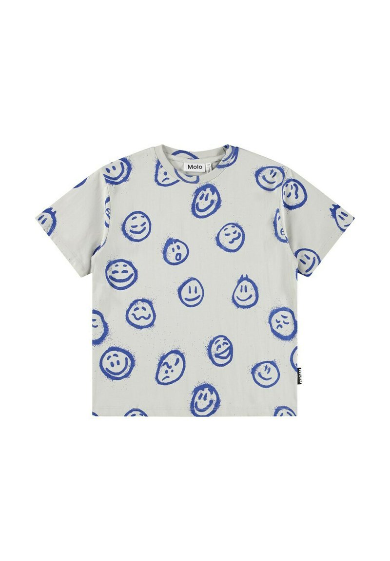 Camiseta de manga corta hecha de tejido ligero, con un fondo gris y diseños de caritas sonrientes azules dispersos en varias expresiones.