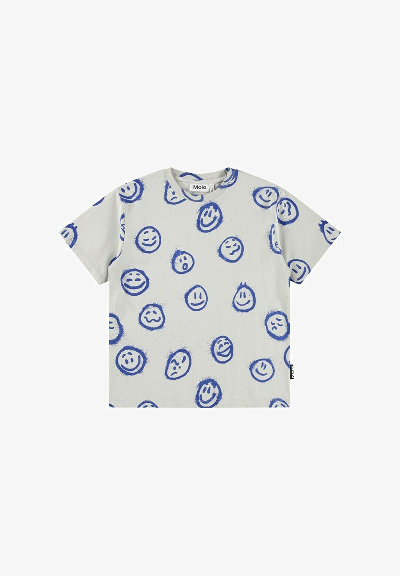 Camiseta de manga corta hecha de tejido ligero, con un fondo gris y diseños de caritas sonrientes azules dispersos en varias expresiones.