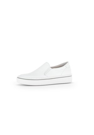 White leather slip-on sneaker with elastic side panels, rounded toe, thick white sole, and subtle stitching detail along the edges.