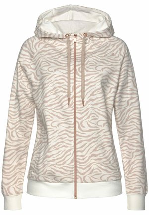Leichte Zip-Hoodie mit einem pink-weißen Zebra-Stripe-Muster, ausgestattet mit einer Kängurutasche und Kapuze mit Kordelzug. Weicher Stoff.