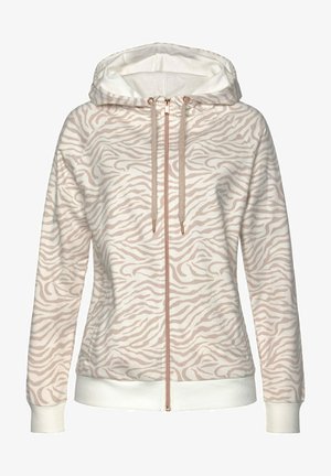 Lightweight zip-up hoodie with a pink and white zebra stripe pattern, featuring a kangaroo pocket and drawstring hood. Soft fabric texture.