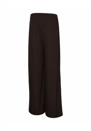 Zwarte wijde broek met geplooide textuur en een elastische tailleband. De stof oogt zacht en licht.