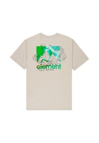 Béžové bavlnené tričko s voľným strihom. Grafika na chrbte zobrazuje zelené a modré kontúry s nápisom "element" pod nimi. Krátke rukávy.