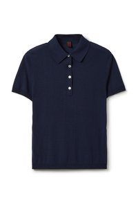 Polo a maniche corte blu navy in materiale a maglia, con colletto piatto, chiusura con cinque bottoni e orlo e polsini a costine.