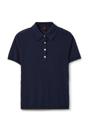 Navy blue short-sleeve polo shirt in knit material with a flat collar, five button placket, and ribbed hem and sleeve cuffs.