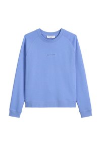 Felpa azzurra chiara realizzata in un morbido misto cotone, con collo a giro e maniche raglan, e un piccolo logo stampato sul davanti.