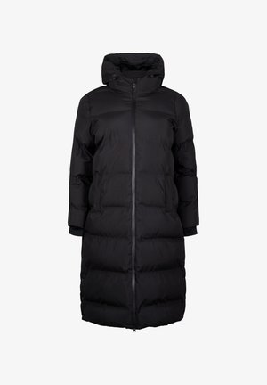 Schwarze Steppjacke mit Kapuze, Reißverschluss vorne und aufgesetzten Taschen. Sie hat eine gesteppten Textur, eine längere Länge und Rippbündchen.