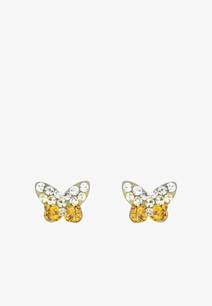 Boucles d'oreilles en forme de papillon ornées de cristaux multicolores dans des teintes jaunes, ambre et transparentes, montées sur une base métallique. Chaque boucle d'oreille a une finition brillante.