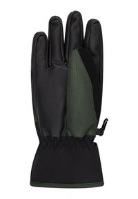 Czarna i ciemnozielona zimowa rękawiczka z teksturowaną dłonią, elastycznym nadgarstkiem i małym klipsem do mocowania.