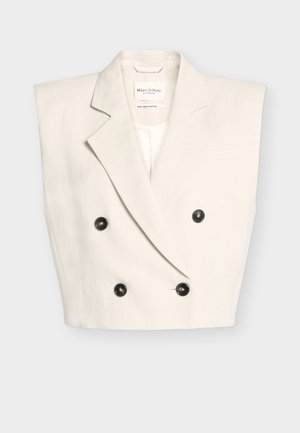Κρεμ χρωματισμένο αμάνικο διπλόκουμπο σακάκι με φαρδιές πέτες και τέσσερα σκούρα κουμπιά, η ετικέτα δείχνει "Marc O'Polo".