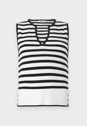 Top senza maniche a righe bianche e nere con scollatura a V, texture a costine e bottoni decorativi ai lati. Materiale in maglia leggera.