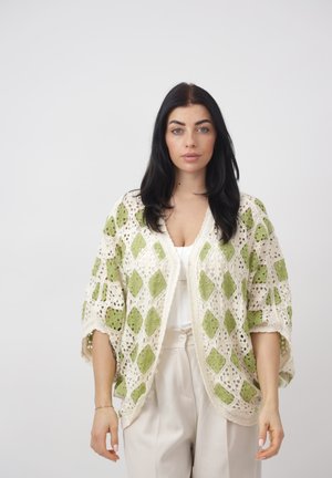 Femme aux longs cheveux noirs portant un cardigan en crochet blanc et vert ample sur un haut blanc et un pantalon beige clair, debout devant un fond uni.