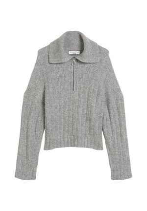 Grijze gebreide trui met kraag en een halve rits, geribbelde textuur en cropped lengte. Heeft brede mouwen en een aansluitende zoom.