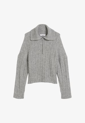 Grauer Strickpullover mit Kragen und halber Reißverschlussöffnung, gerippter Textur und cropped Länge. Verfügt über weite Ärmel und einen taillierten Saum.