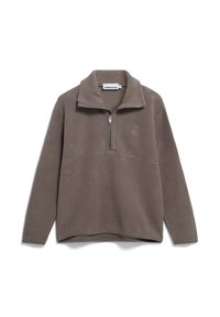 Pullover in pile marrone con colletto a mezza zip, dotato di un logo ricamato sul petto e una superficie morbida e strutturata.