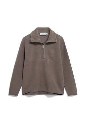 Brauner Fleece-Pullover mit halbem Reißverschluss am Kragen, ausgestattet mit einem gestickten Logo auf der Brust und einer weichen, strukturierten Oberfläche.